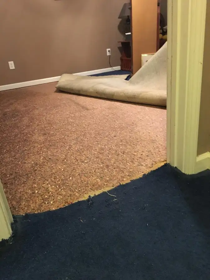 Carpet pad removal revealing water damage during Drying & Dehumidification in Schaghticoke